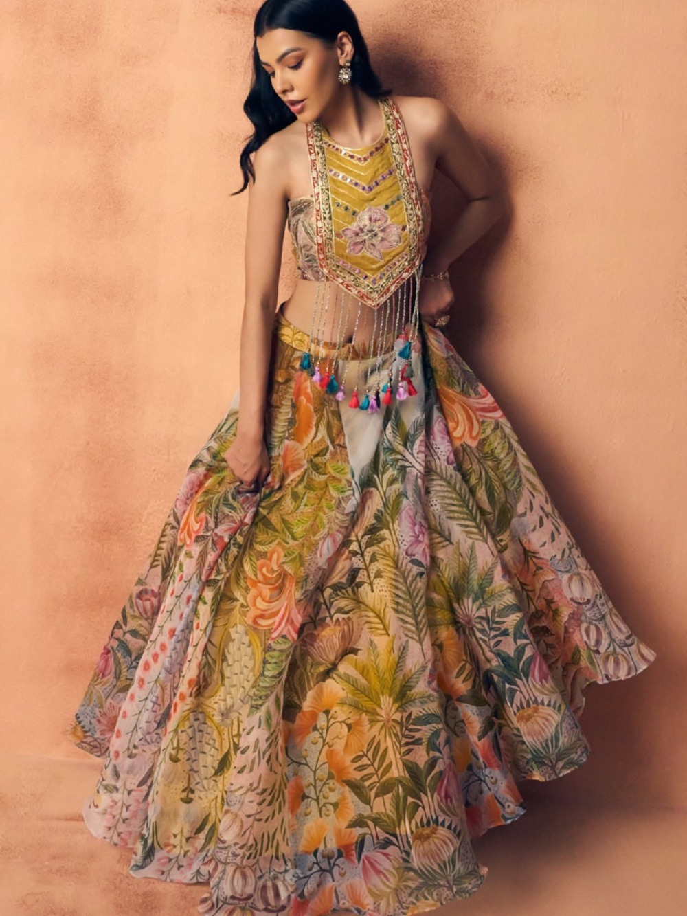 Floral Embroidered Halter Crop Top & Maxi Skirt Set in Mustard & Multicolor - Picture 4 of 6